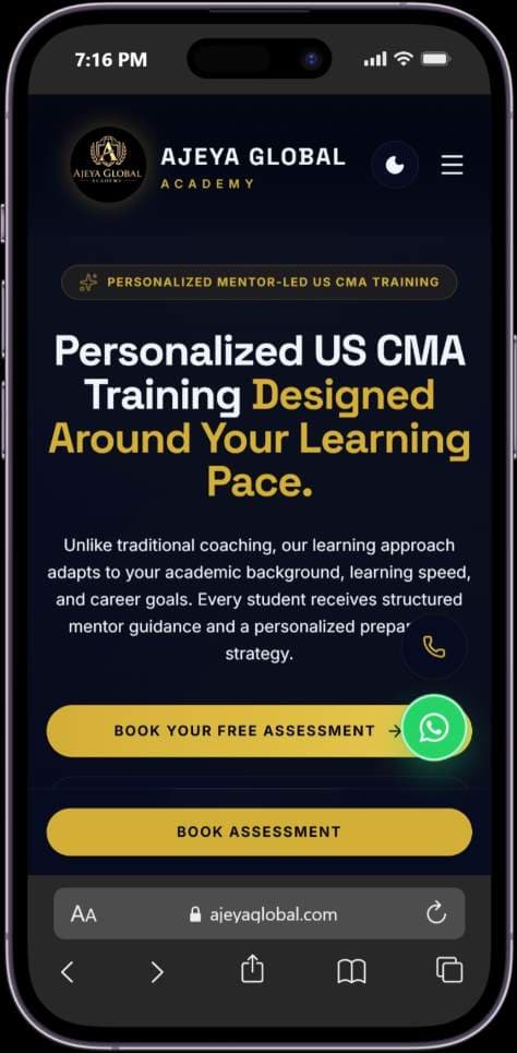 Ajeya Global Academy US CMA website shown on a mobile device