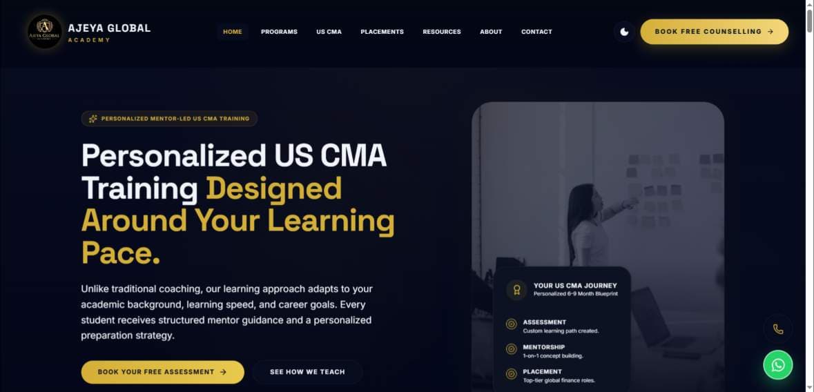 Ajeya Global Academy US CMA website shown on desktop